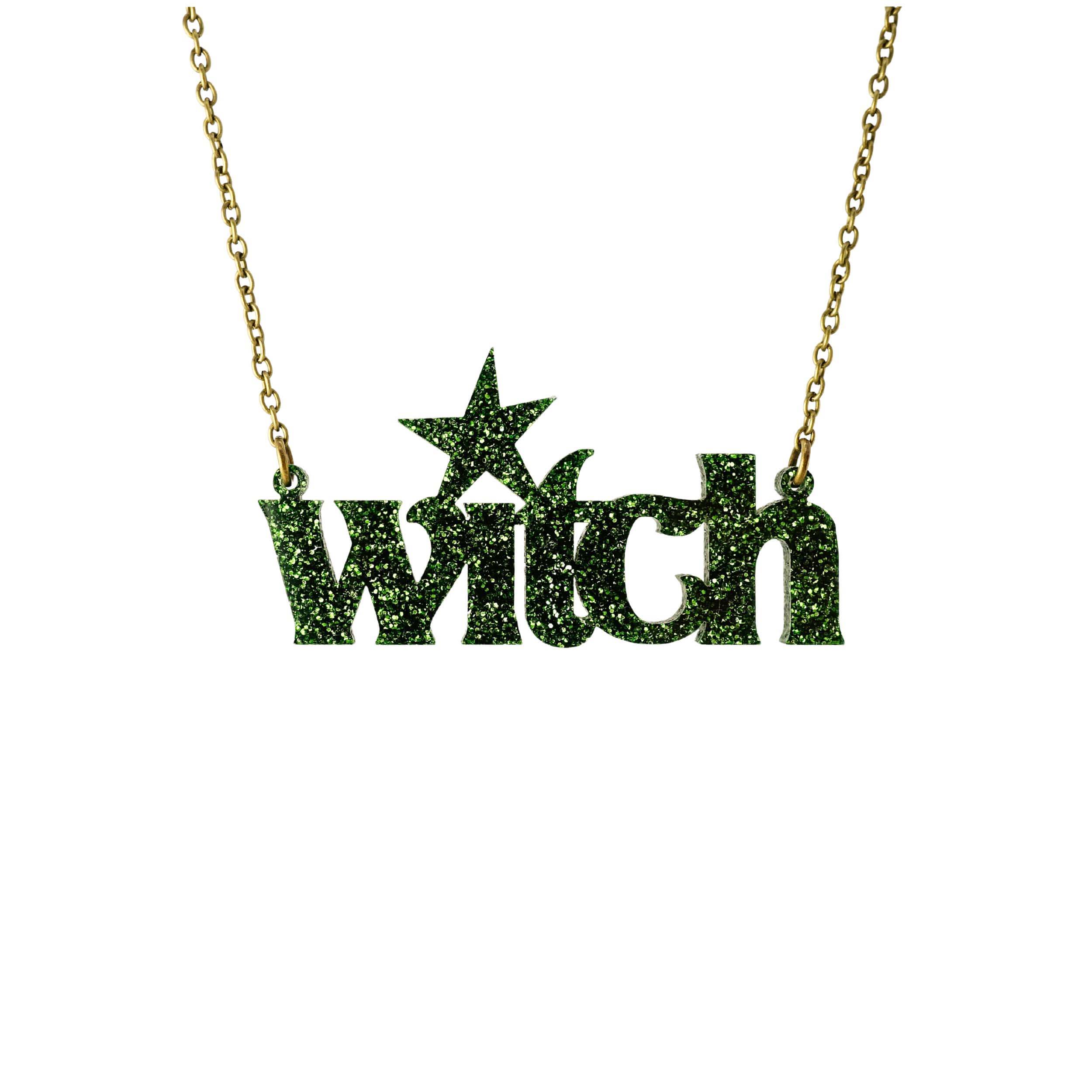 Moss glitter Witch necklace shown hanging against a white background.