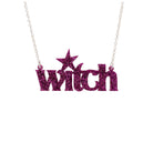 Purple glitter Witch necklace shown hanging against a white background.