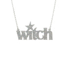 Silver glitter Witch necklace shown hanging against a white background.