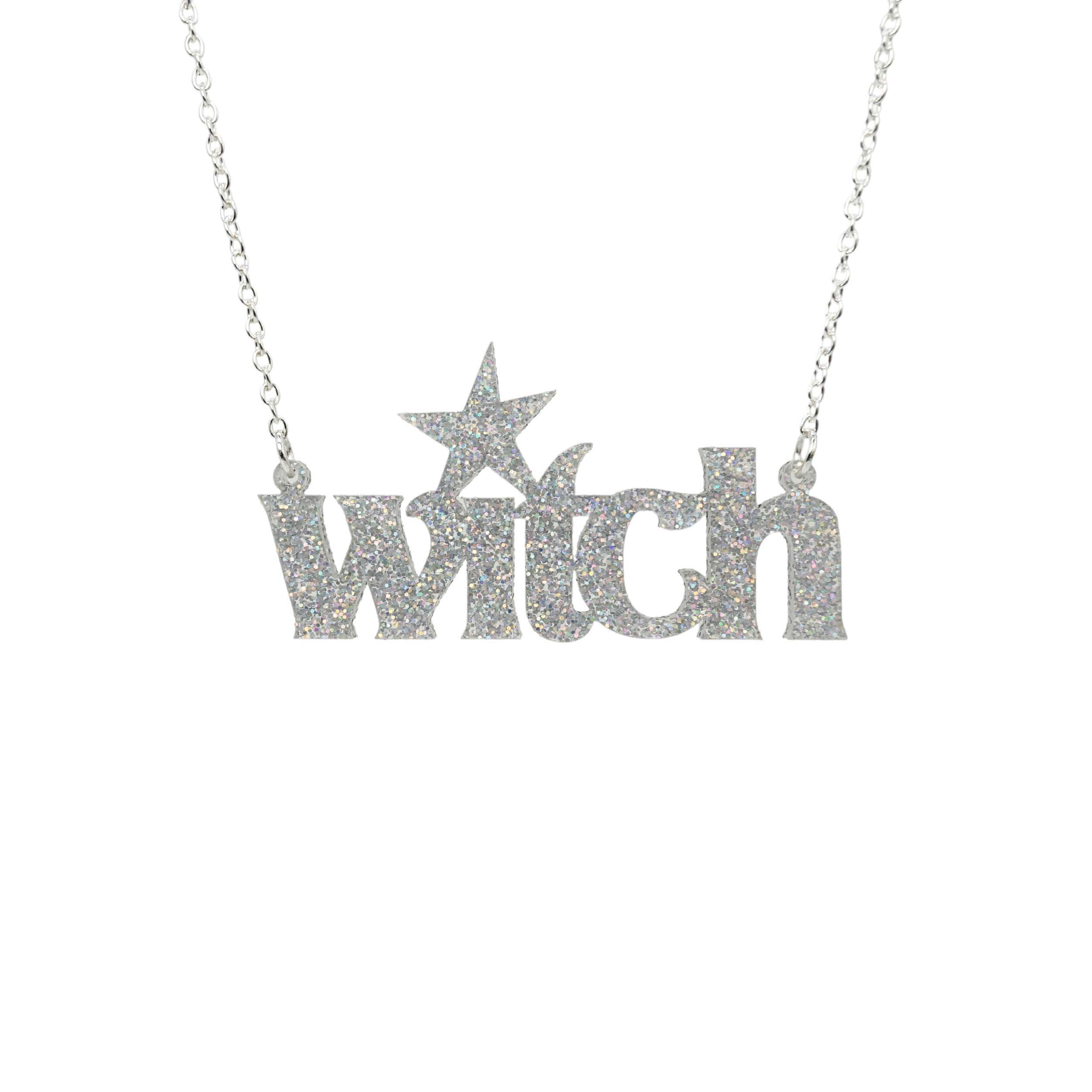 Silver glitter Witch necklace shown hanging against a white background.