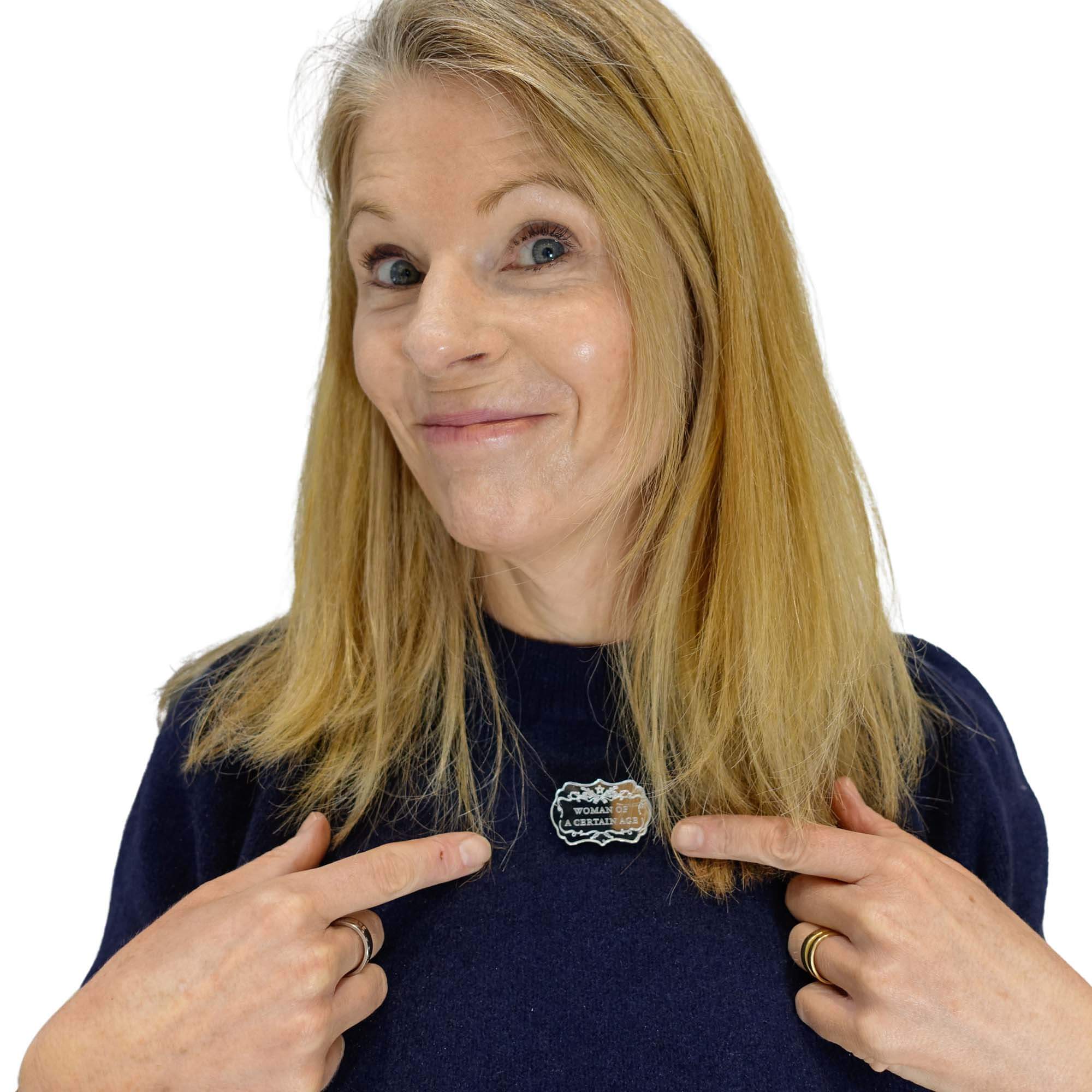 Sarah Day, founder of Wear and Resist wears a Woman of a Certain Age brooch.