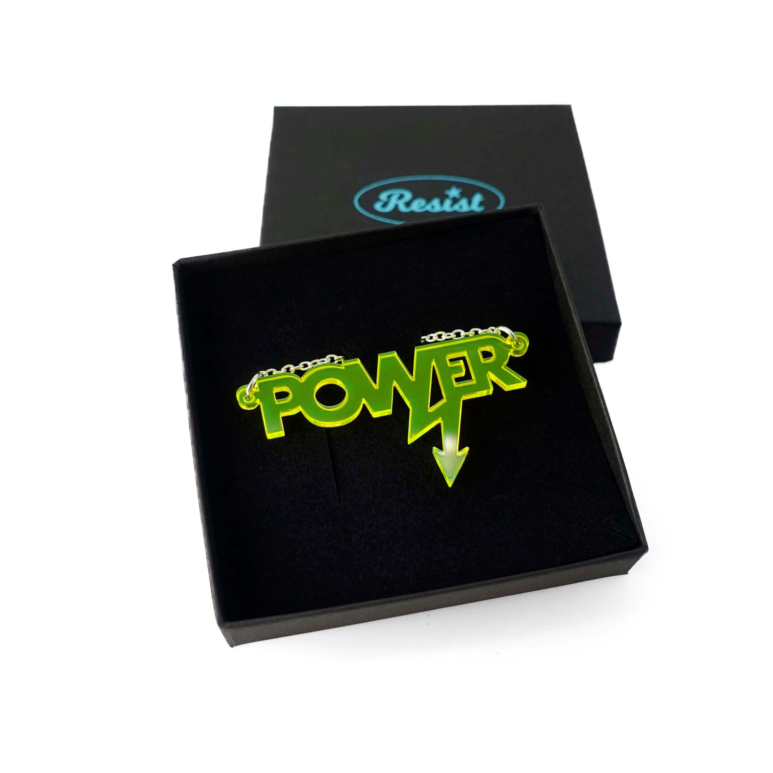 Mini power necklace in citrus yellow shown in a Wear and Resist gift box.