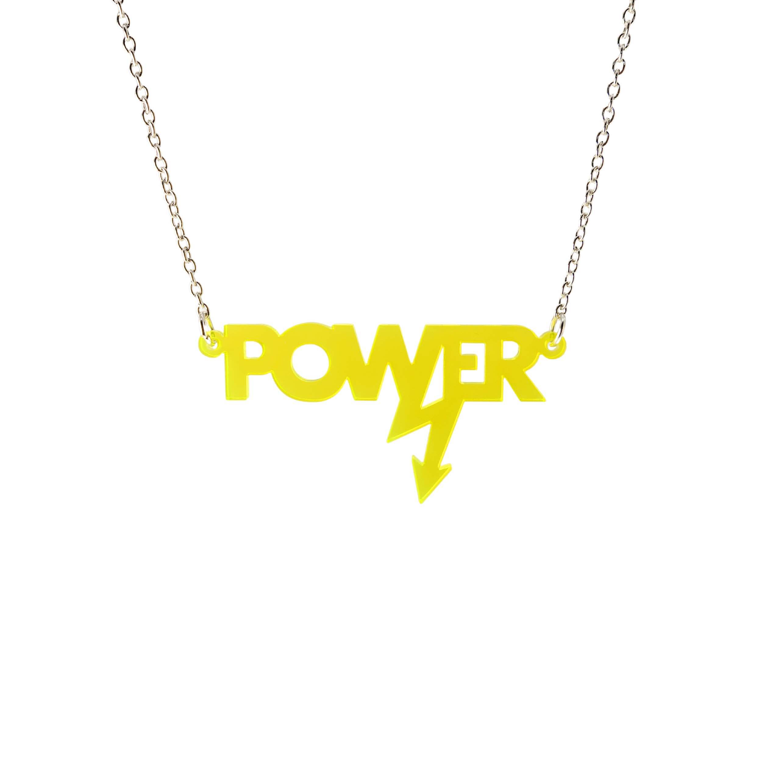 Mini power necklace in citrus yellow shown hanging on a silver chain against a white background. Designed in collaboration with Mary Beard for her book Women and Power.
