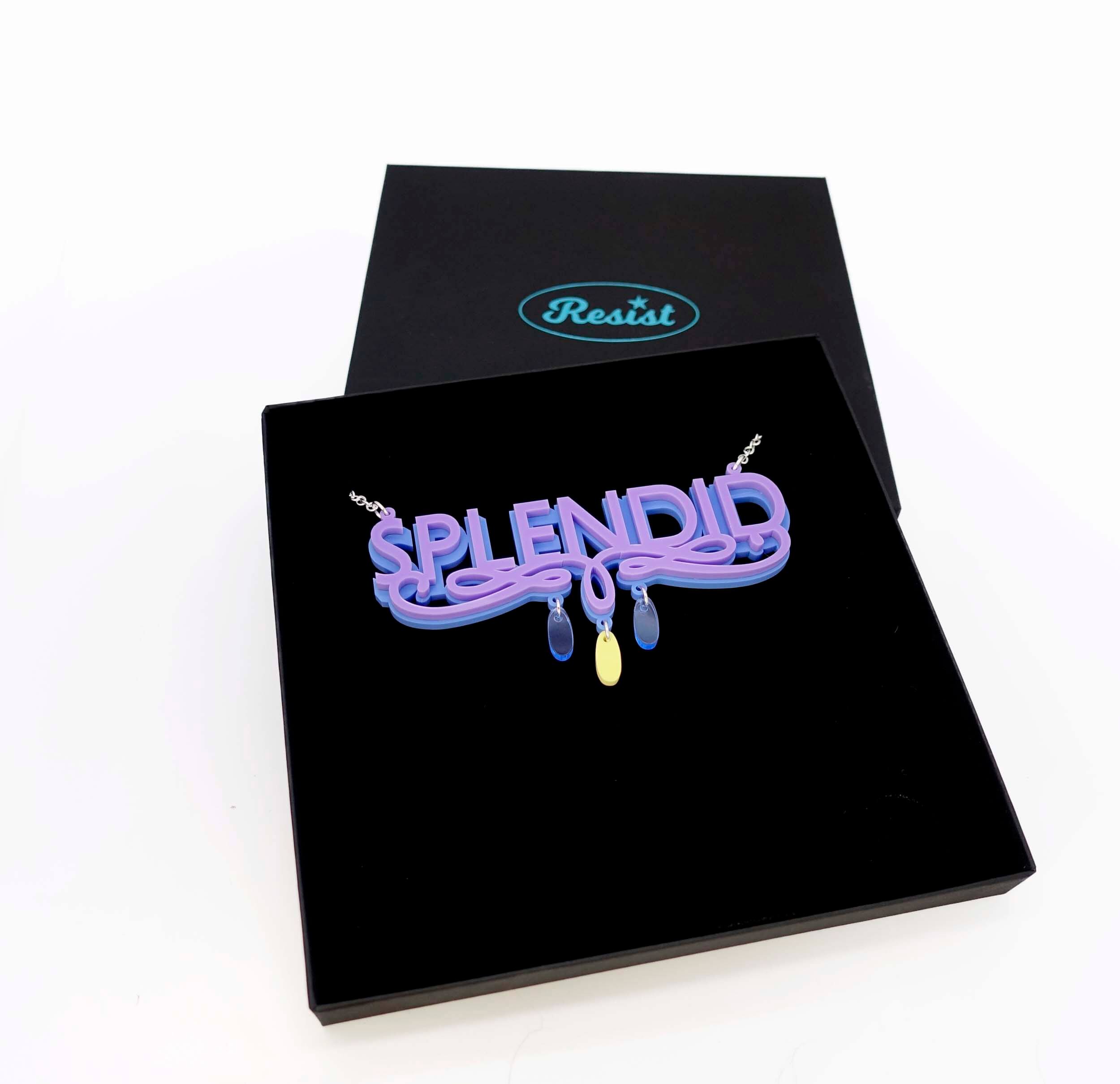 Parma violet and blue Splendid necklace, designed by Sarah Day, shown in a Wear and Resist gift box.