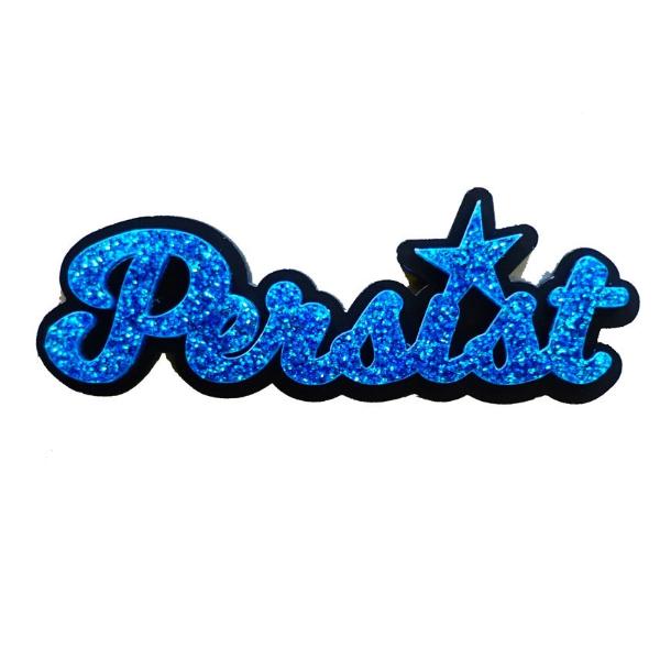 blue glitter script persist brooch