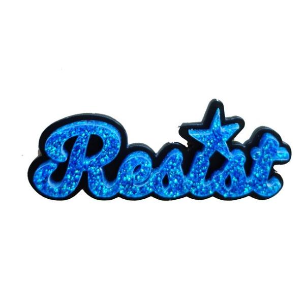 blue glitter script resist brooch