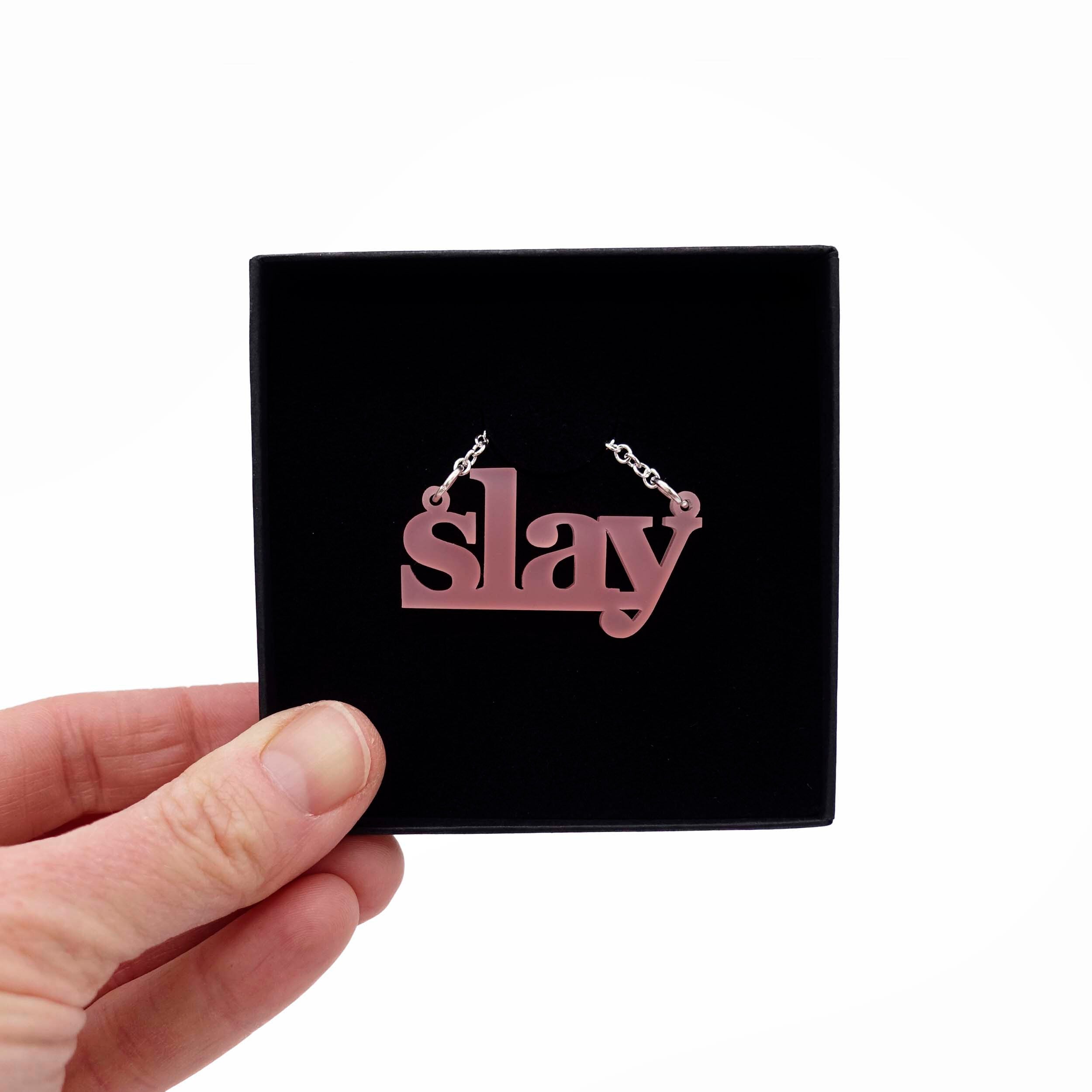 Blush pink frost Slay necklace shown in a Wear and Resist gift box.