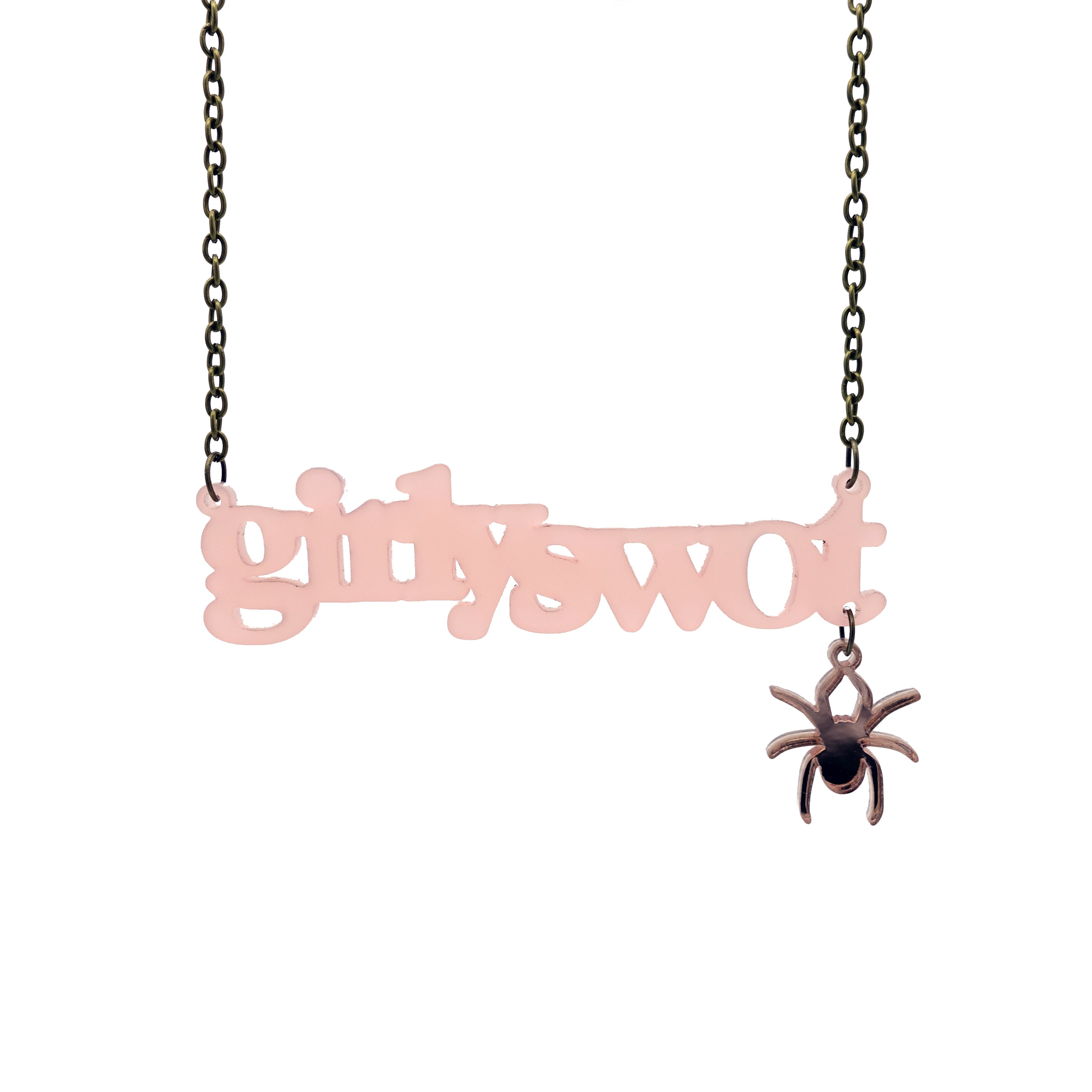 Girly swot necklace in blush frost with hanging rose gold mirror Lady Hale spider. All hail Lady Hale!