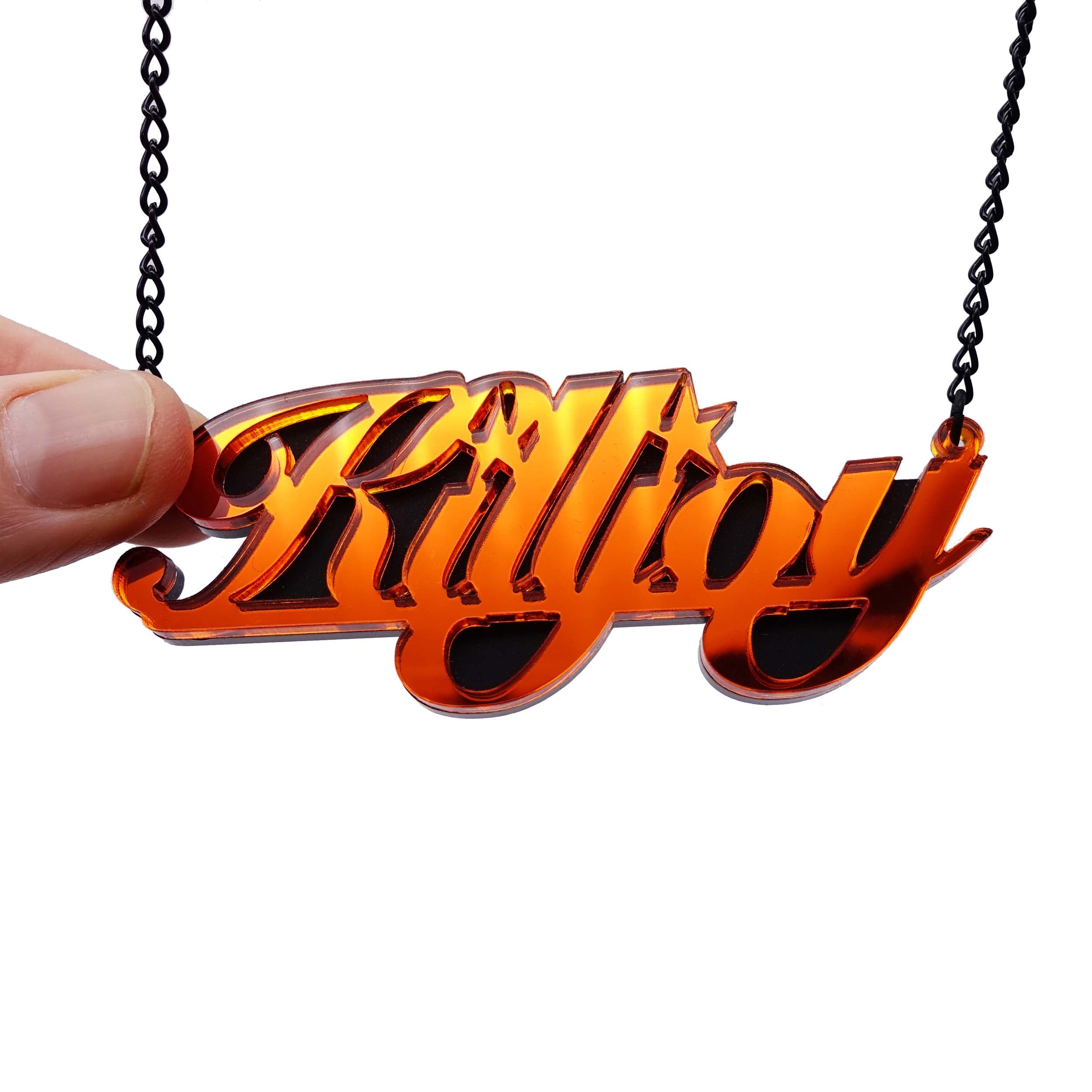 Flame mirror feminist KILLJOY necklace shown hanging against a white background.