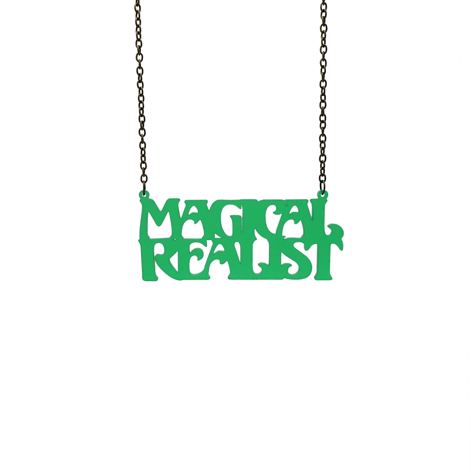 A leaf frost Magical Realist necklace, shown hanging against a white background.