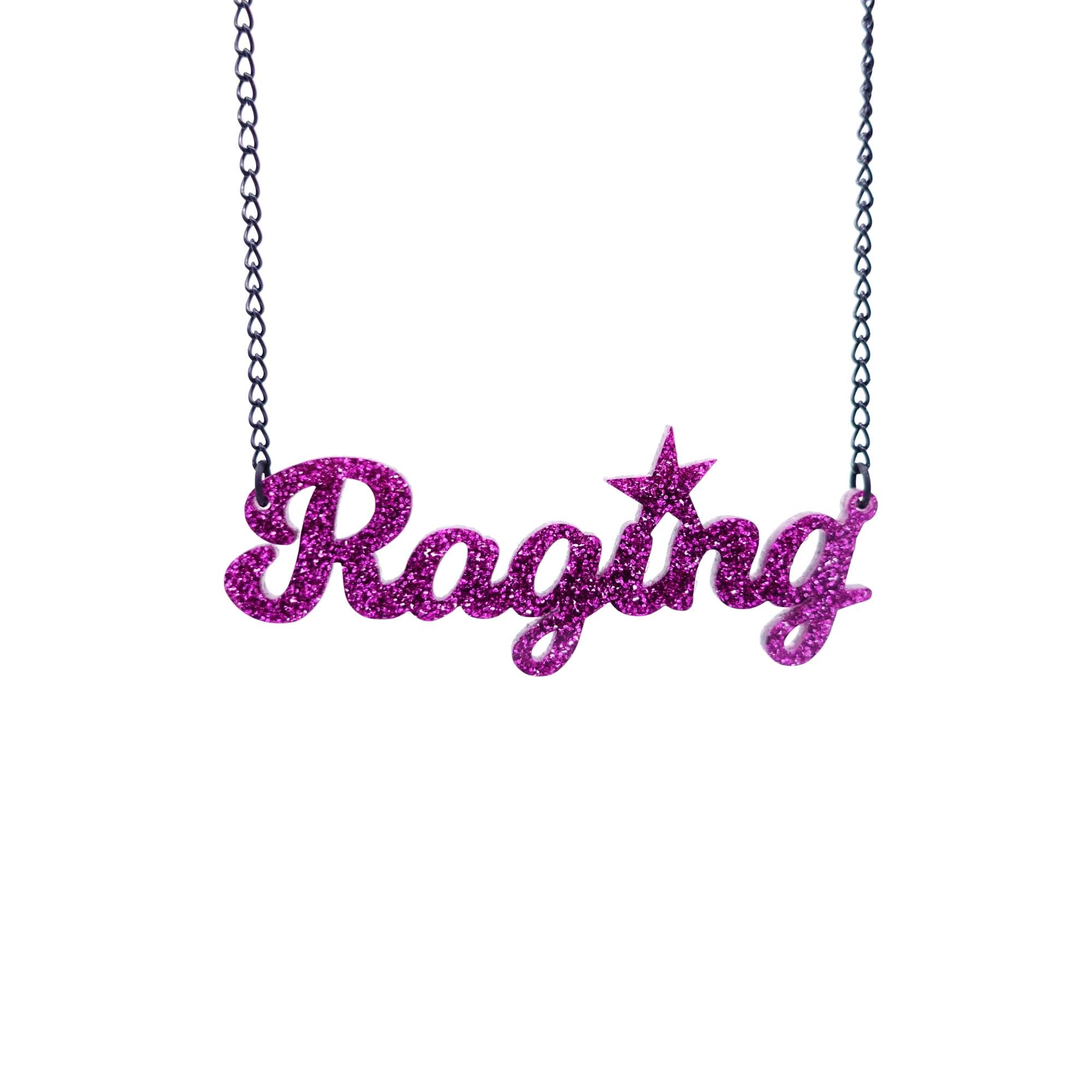 Purple glitter Raging necklace by Wear and Resist shown hanging.