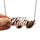 Rose gold mirror KILLJOY necklace shown hanging against a white background.