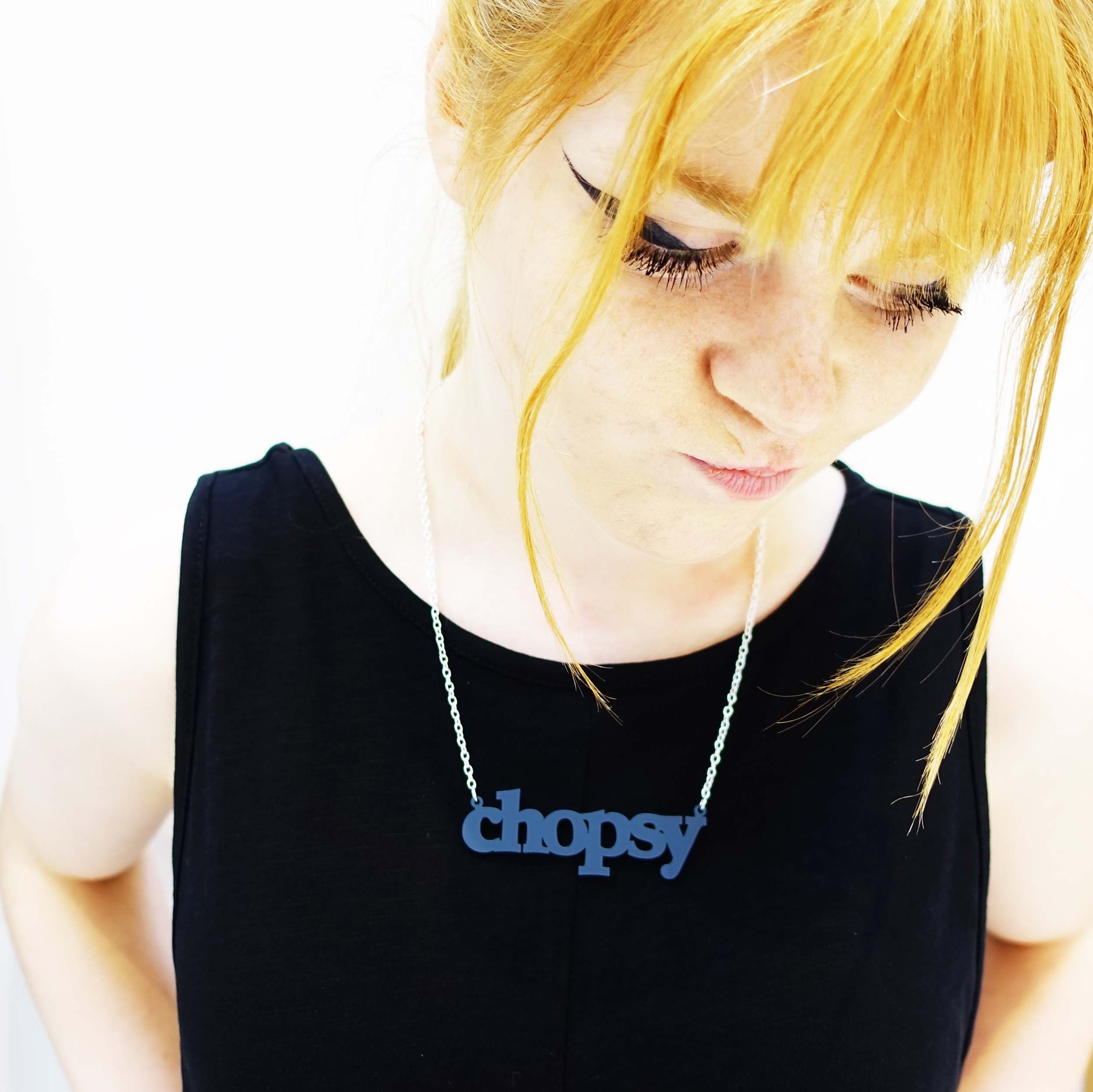 Eliza wears a Welsh slate Chopsy necklace, designed by Sarah Day for Wear and Resist.