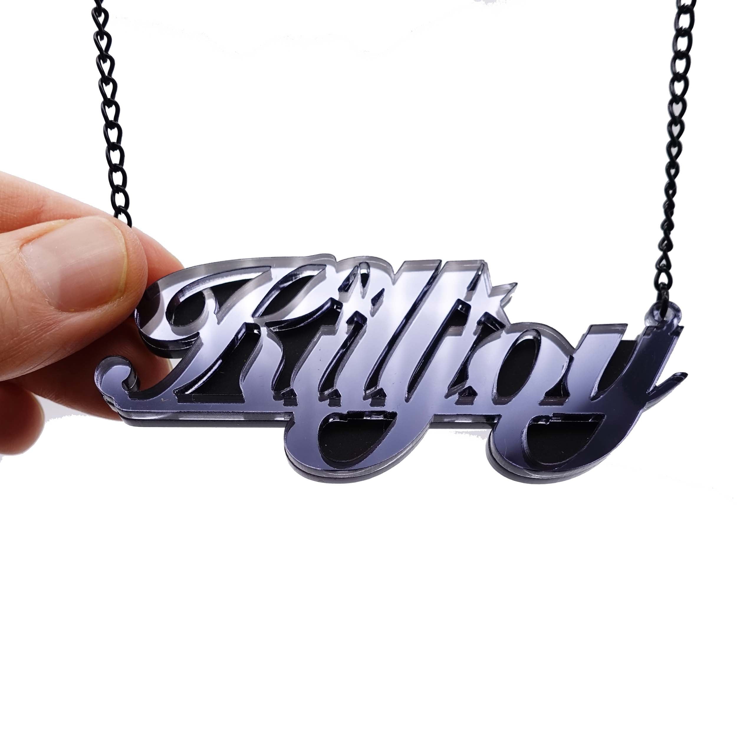 Slate mirror feminist KILLJOY necklace shown hanging against a white background.