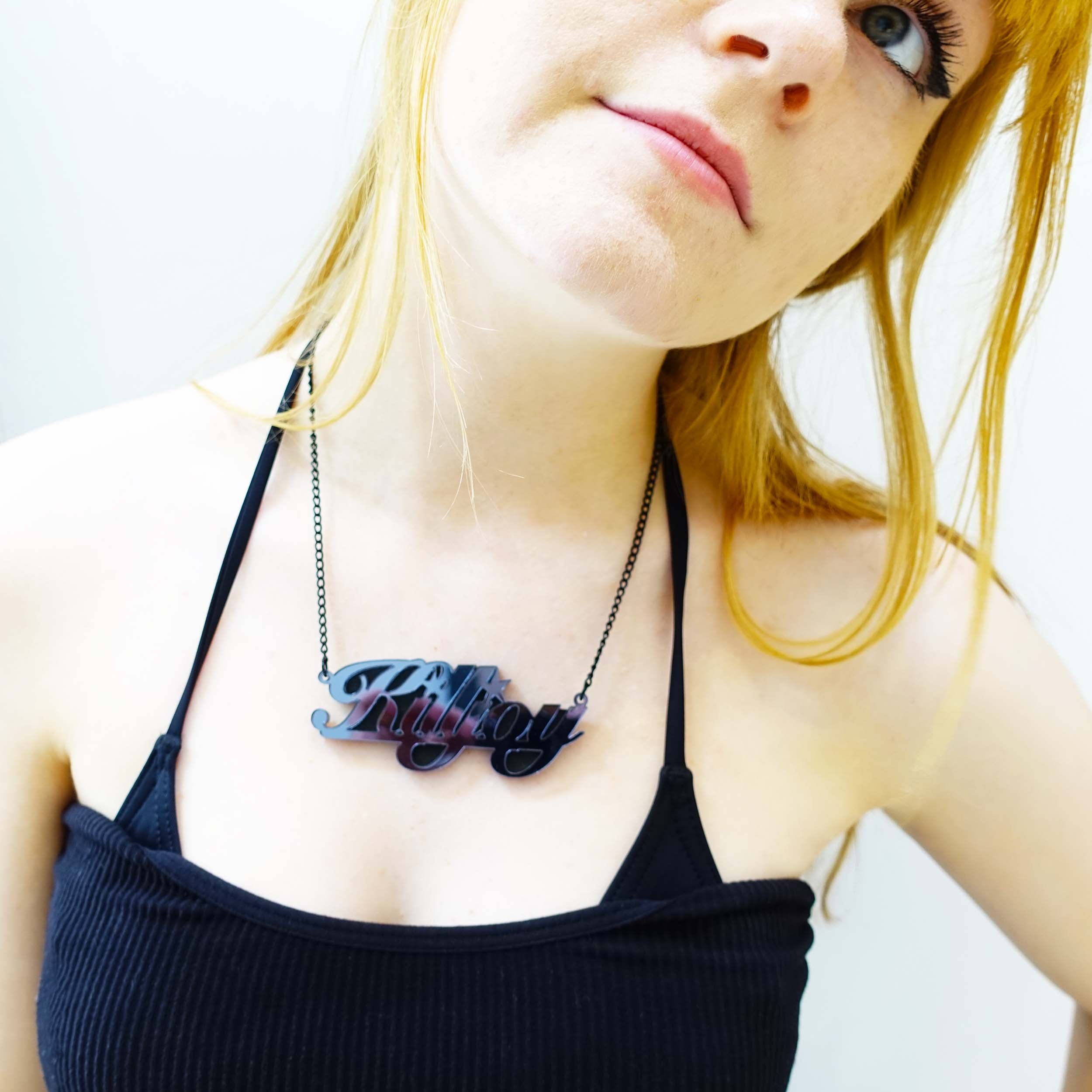 Model wears slate mirror  feminist KILLJOY necklace