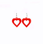 Hot red love heart small hoop earrings shown on a white backround. £2 goes to the DEC Turkey and Syria Earthquake Appeal.