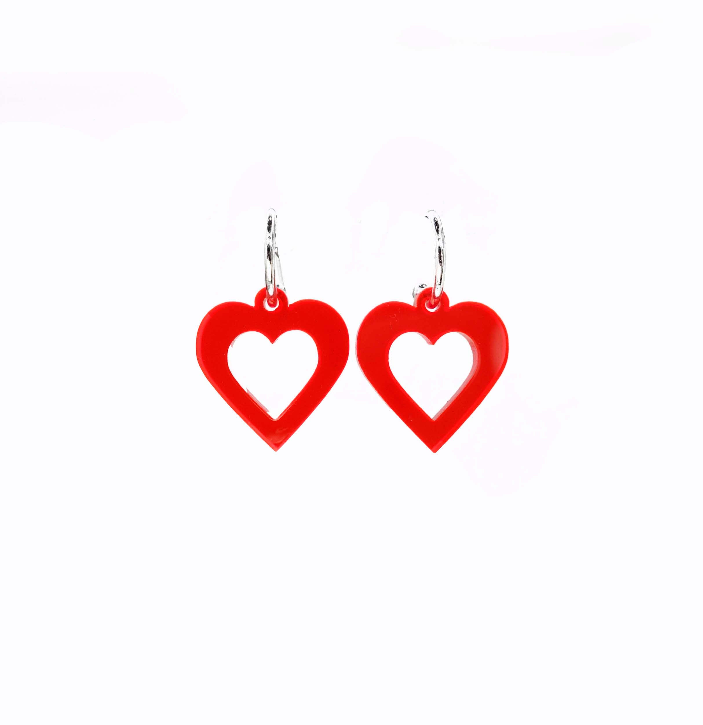 Hot red love heart small hoop earrings shown on a white backround. £2 goes to the DEC Turkey and Syria Earthquake Appeal.