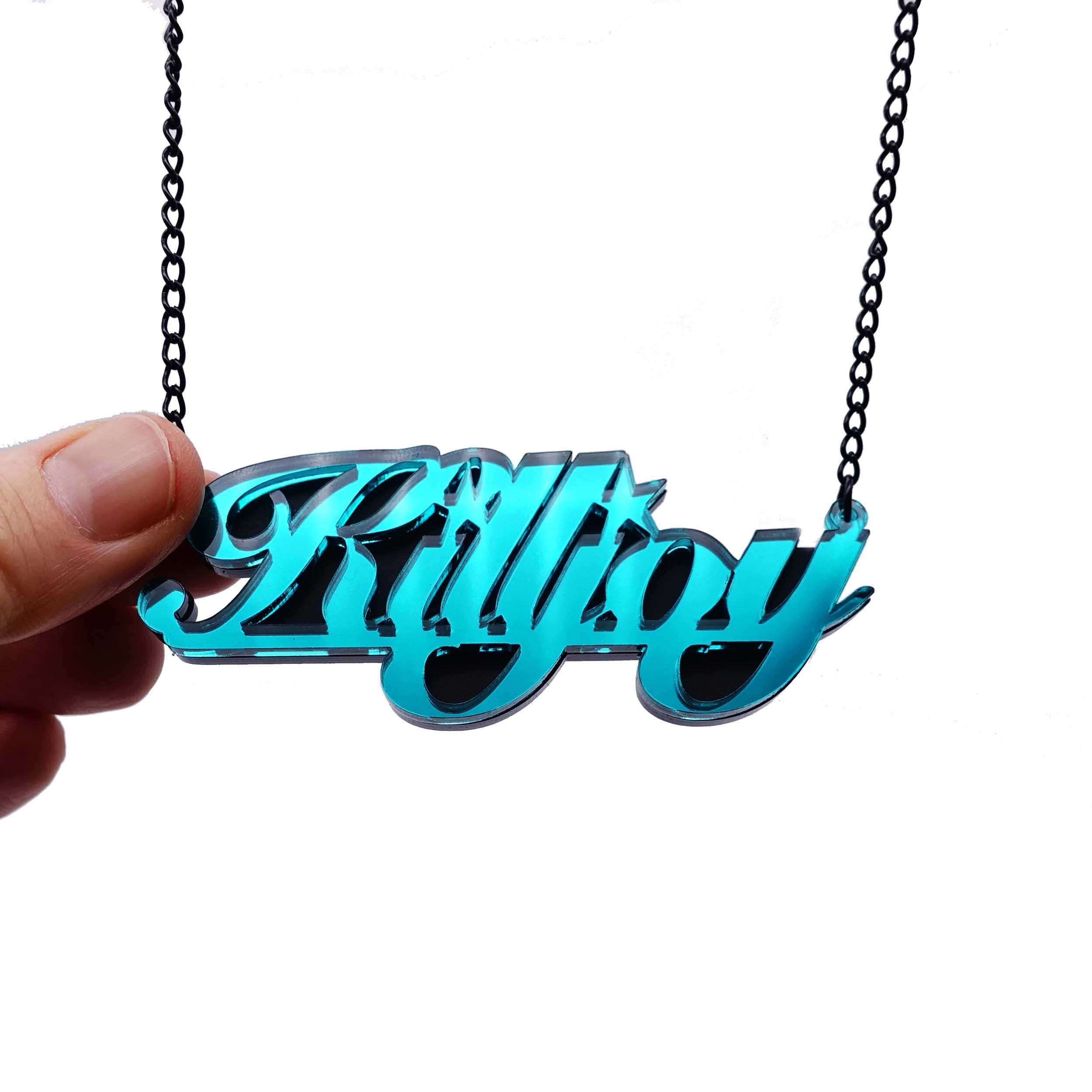 Teal mirror feminist KILLJOY necklace shown hanging against a white background.
