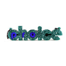 Teal glitter and indigo mirror Pro-choice necklace, shown standing on white background, designed by Sarah Day for Wear and Resist. £2 goes to Alliance for Choice who campaign  for Free, Safe and Legal abortions for anyone who needs them.
