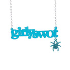 Teal frost Girly swot necklace with hanging teal glitter spider in honour of Lady Hale.