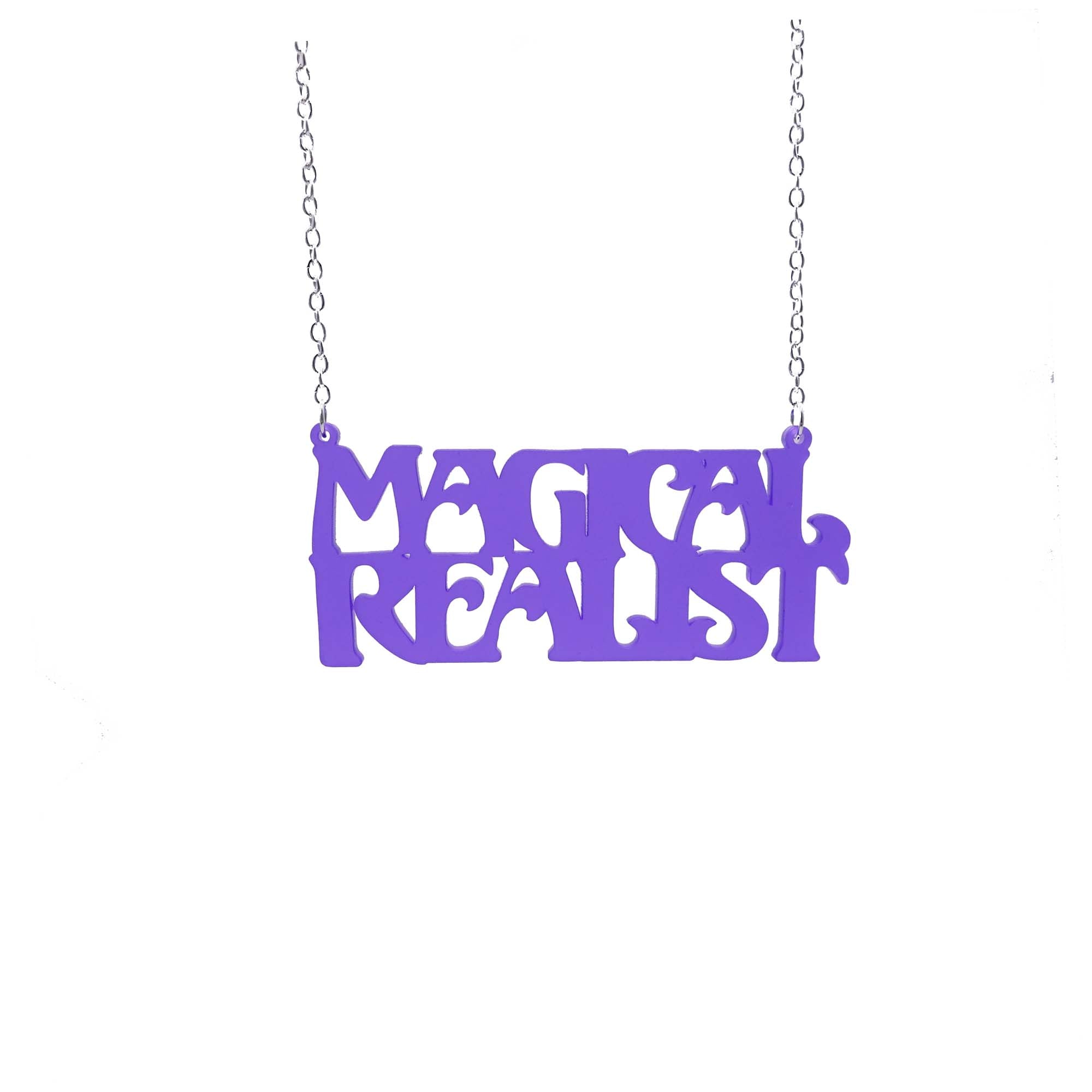 A violet frost Magical Realist necklace for writers and book lovers.
