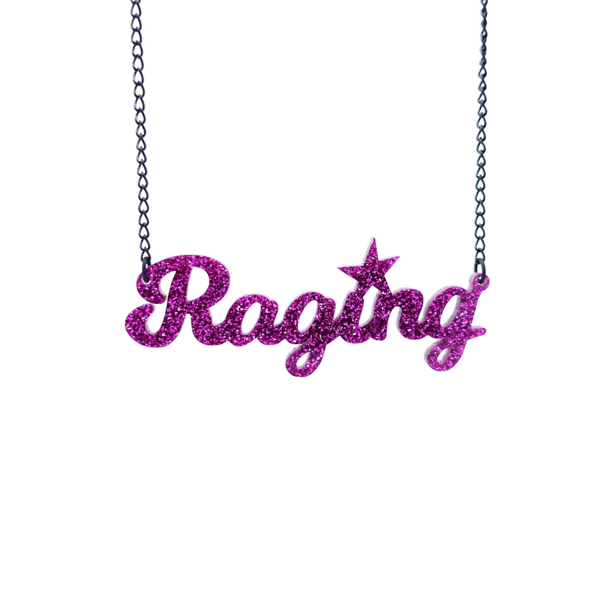 Purple glitter Raging necklace, express your rage in style! shown on white background. Designed by Sarah Day for Wear and Resist. £2 goes to Abortion Support Network. 