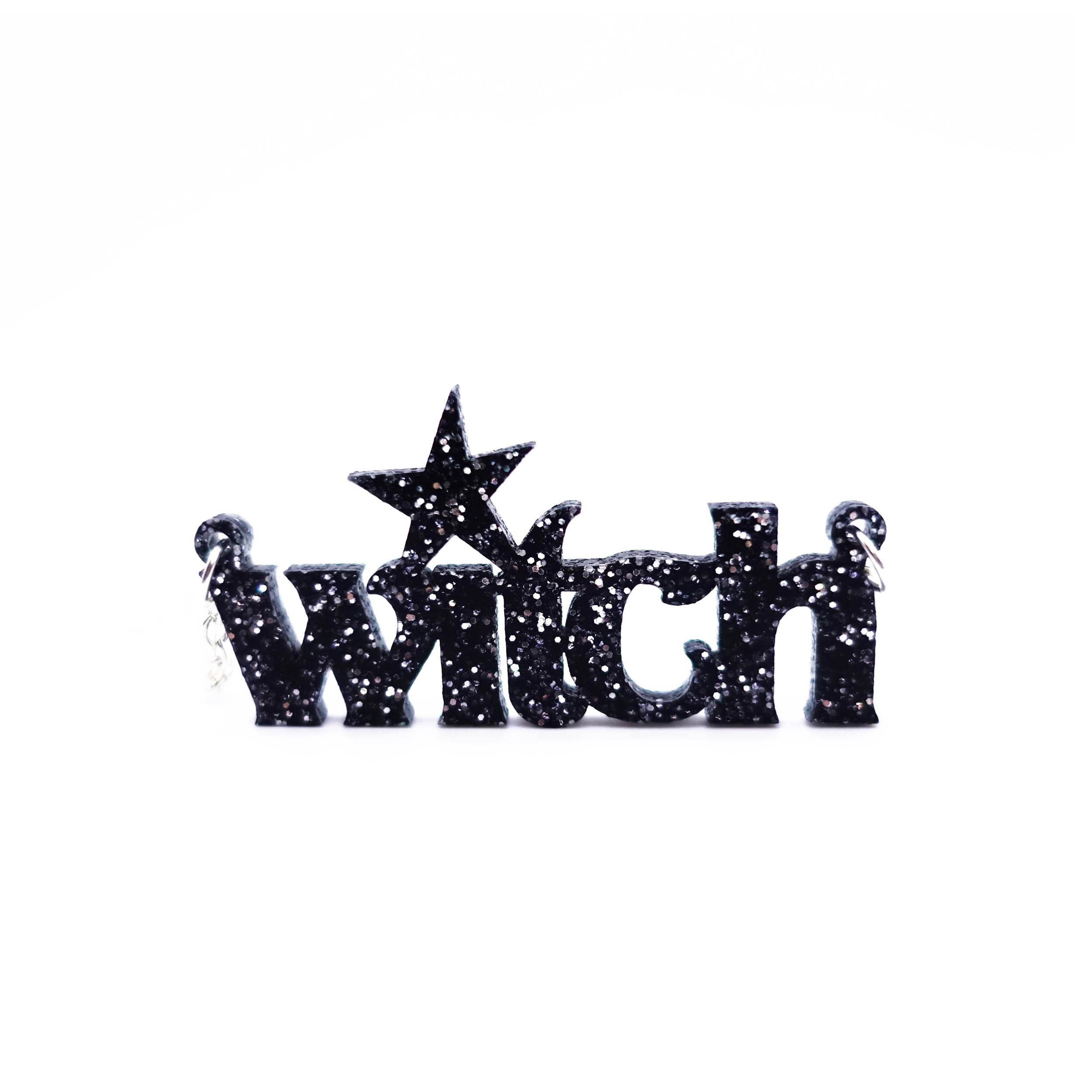 Witch necklace in black glitter celebrating the power of magical women! Designed by Sarah Day for Wear and Resist. Supporting women's charities since 2017. 
