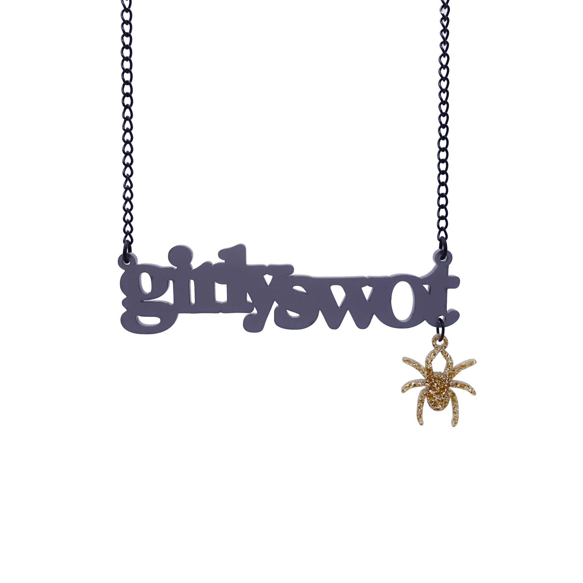 Girly Swot necklace with hanging Lady Hale spider, designed by Sarah Day for Wear and Resist. Supporting women's charities and helping empower women with statement jewellery that says something! 
