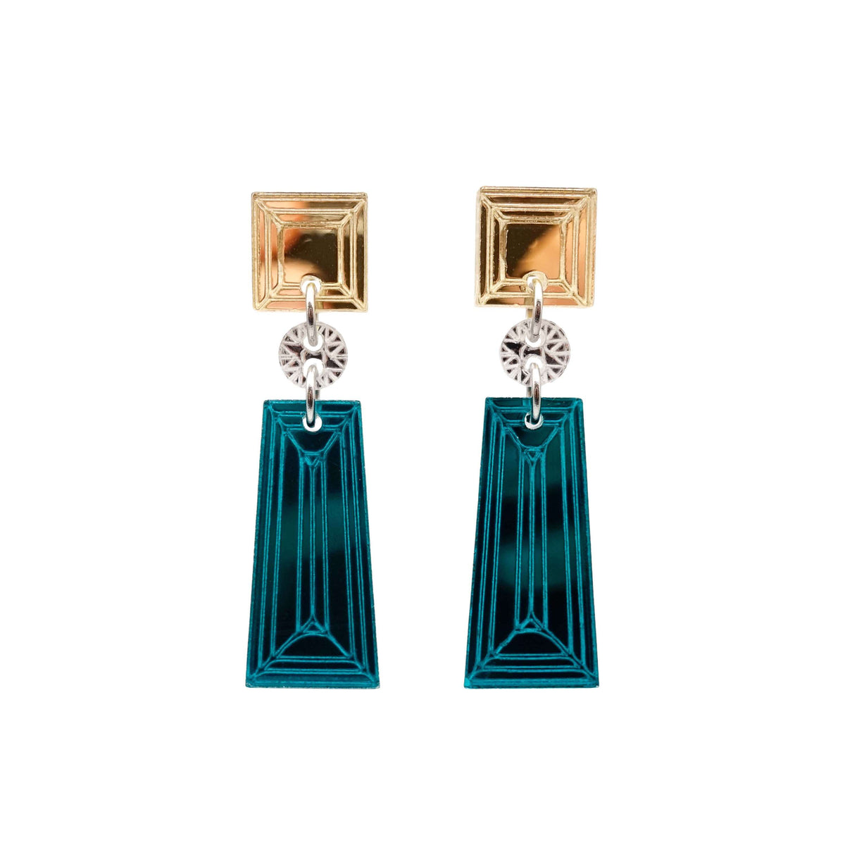 Deco drop earrings with teal Deco bottoms, a small jewel in silver and the top in gold. 