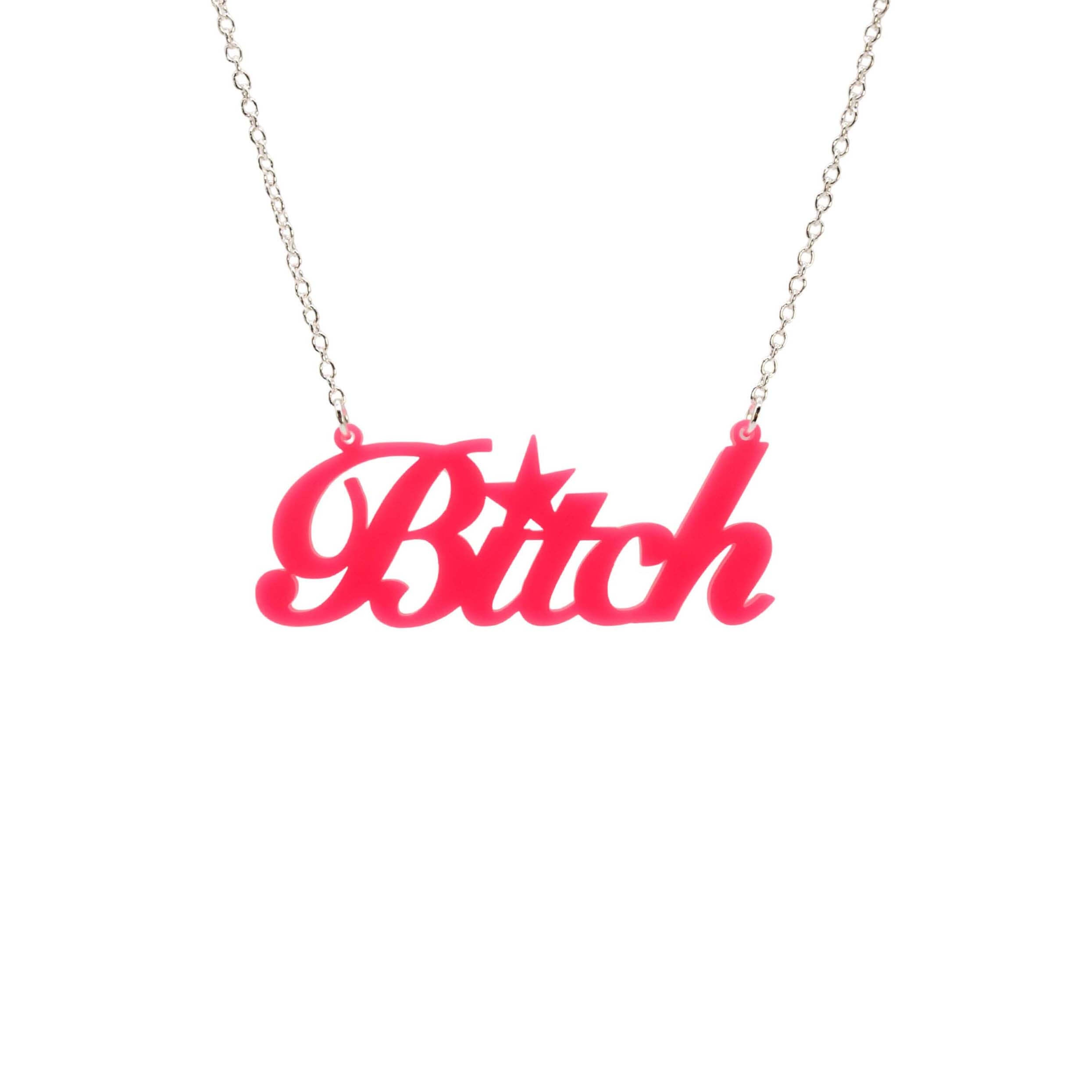 B*tch necklace in hot pink shown hanging against a white background. £2 goes to Bloody Good Period. 