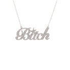 B*tch necklace in silver glitter shown hanging against a white background. £2 goes to Bloody Good Period. 