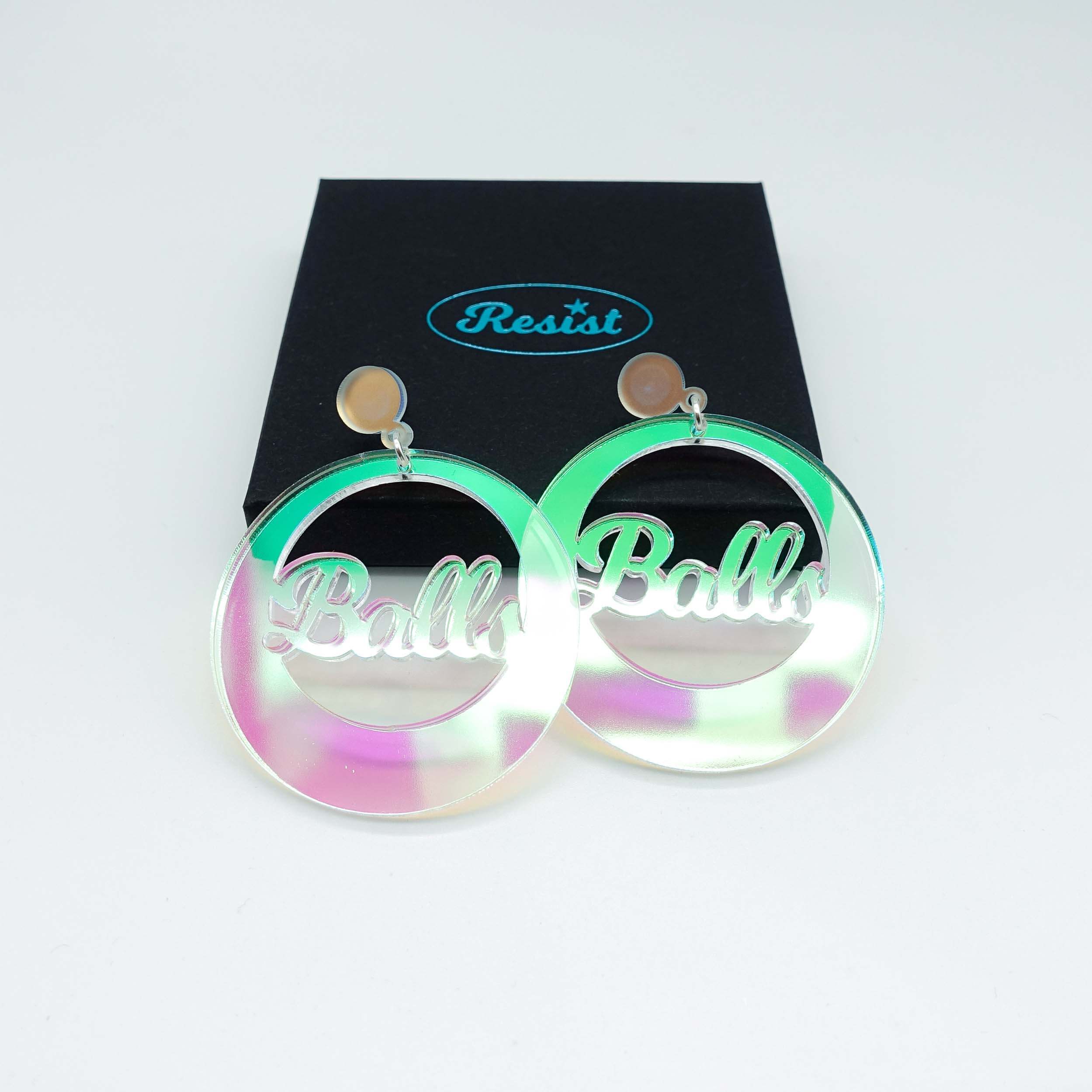 Balls iridescent earrings, for ballers everywhere. Cause you gotta have balls, right? Shown with a Wear and Resist gift box. 