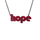 Hope statement necklace in hot pink glitter with backing layer that works as a drop shadow, shown hanging against a white background.