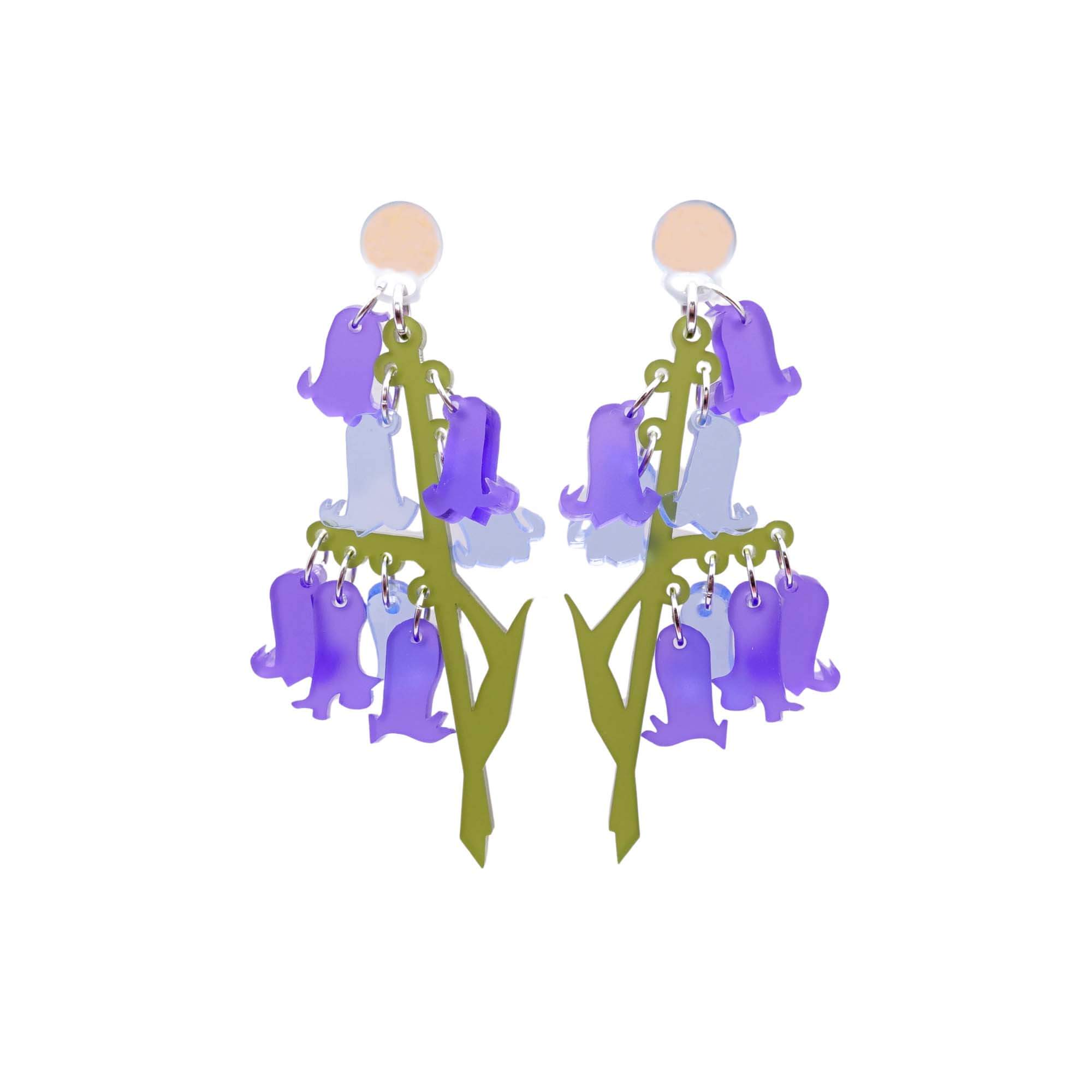 Bluebell earrings shown hanging against a white background. 