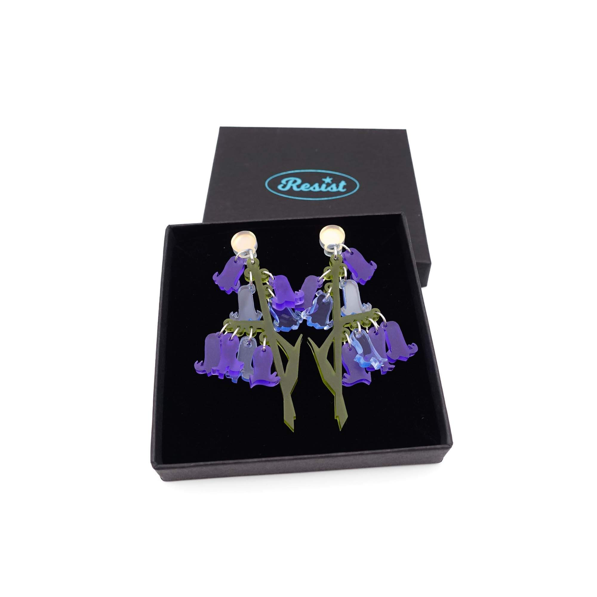 Bluebell earrings shown in a Wear and Resist gift box. 