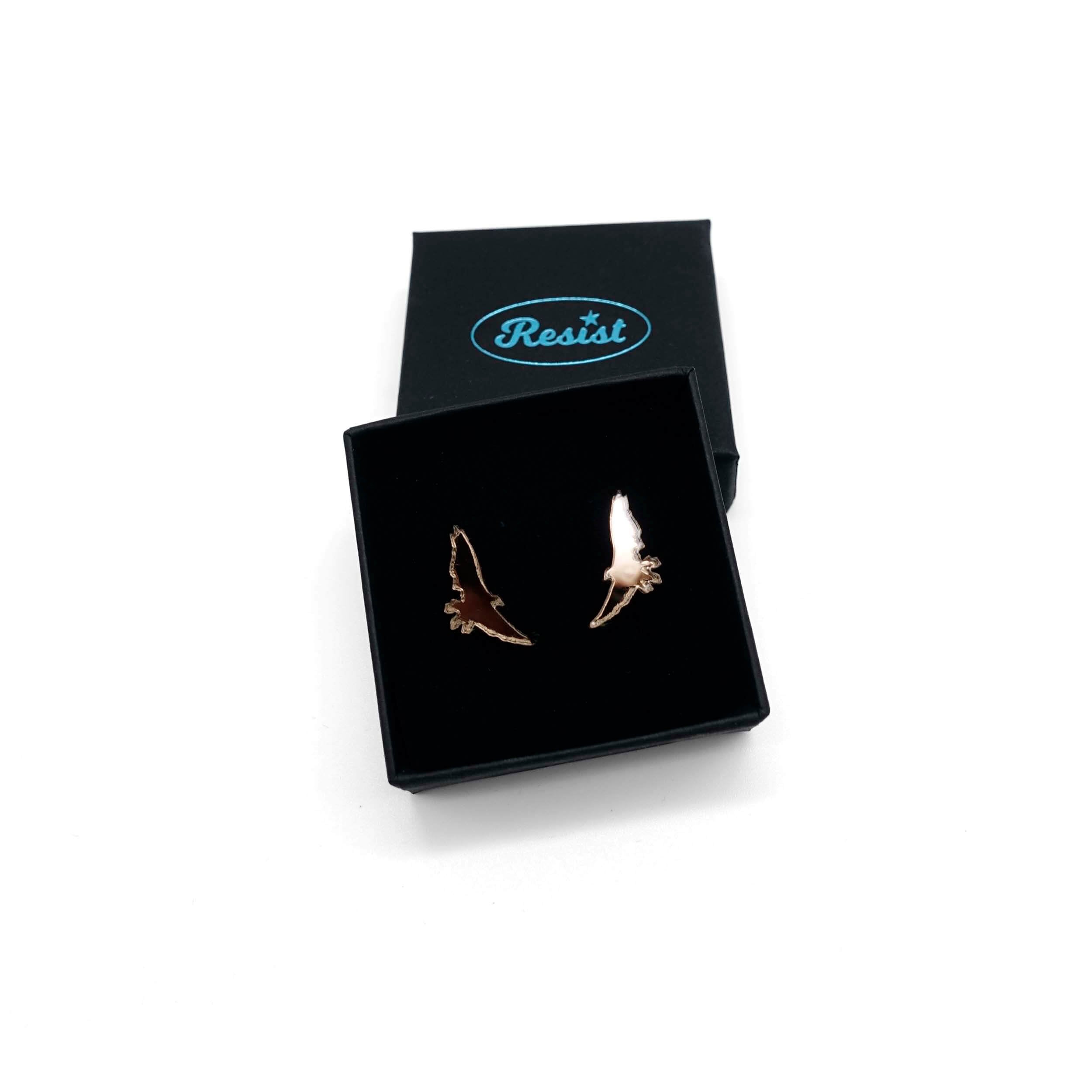 Bronze mirror bird stud earrings fromThe Brontë Collection, inspired by Jane Eyre's famous quote, 'I am no bird and no net ensnares me,' shown in a Wear and Resist gift box.