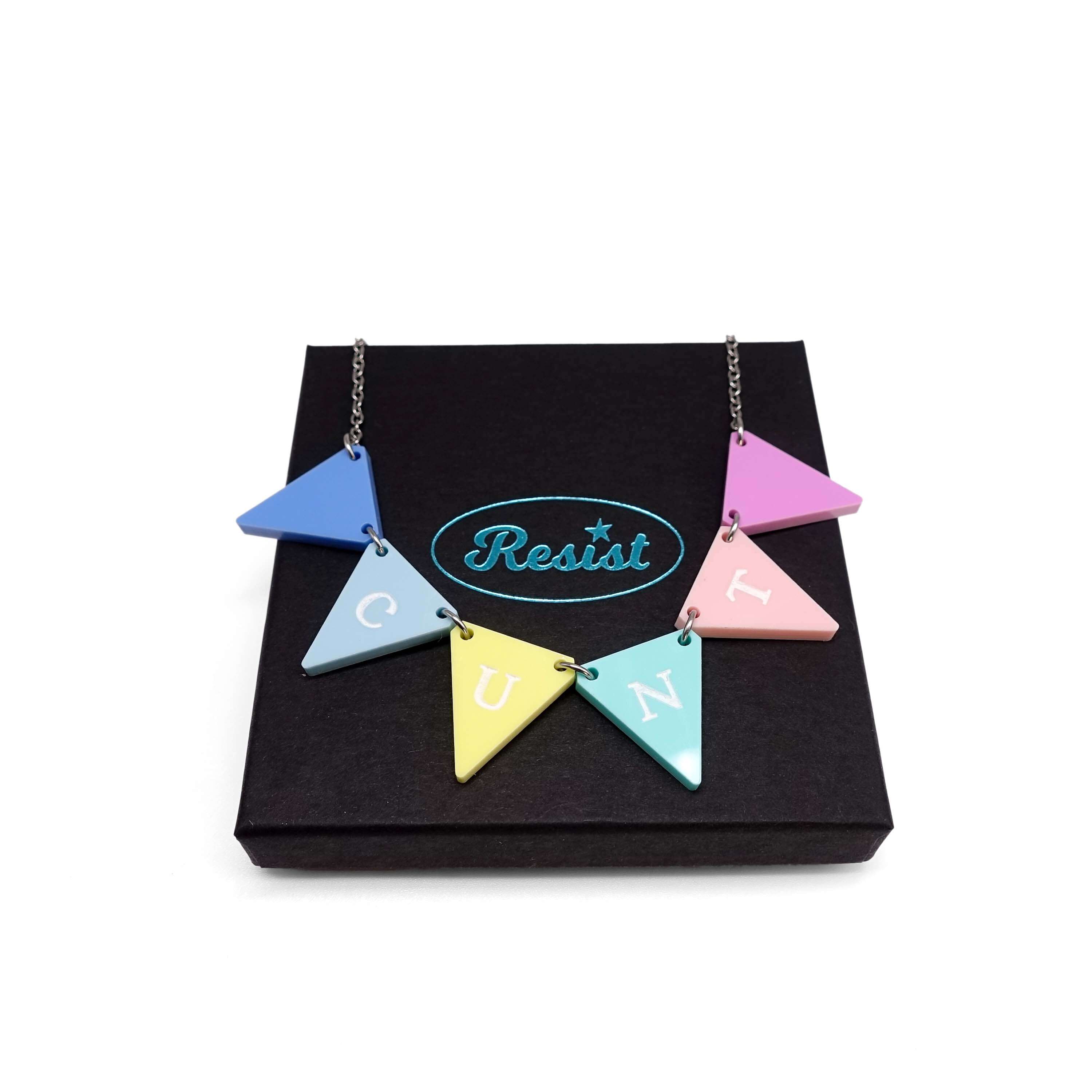 C*nting Bunting necklace in pastel colours shown on a Wear & Resist gift box. 