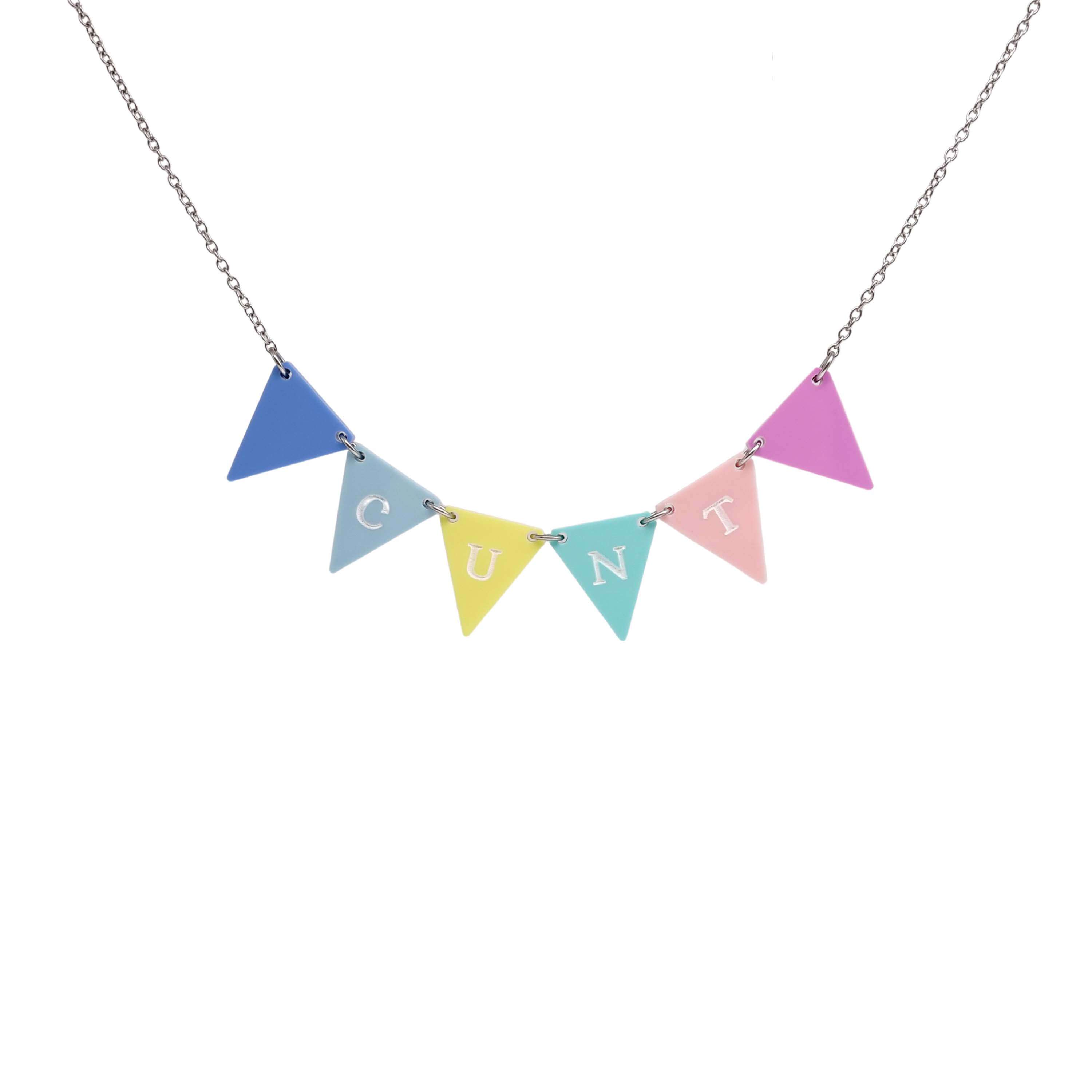 C*nting Bunting necklace in pastel colours shown hanging on a stainless steel chain. 