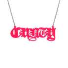 Big C*nty necklace in hot pink shown hanging on a stainless steel chain. 