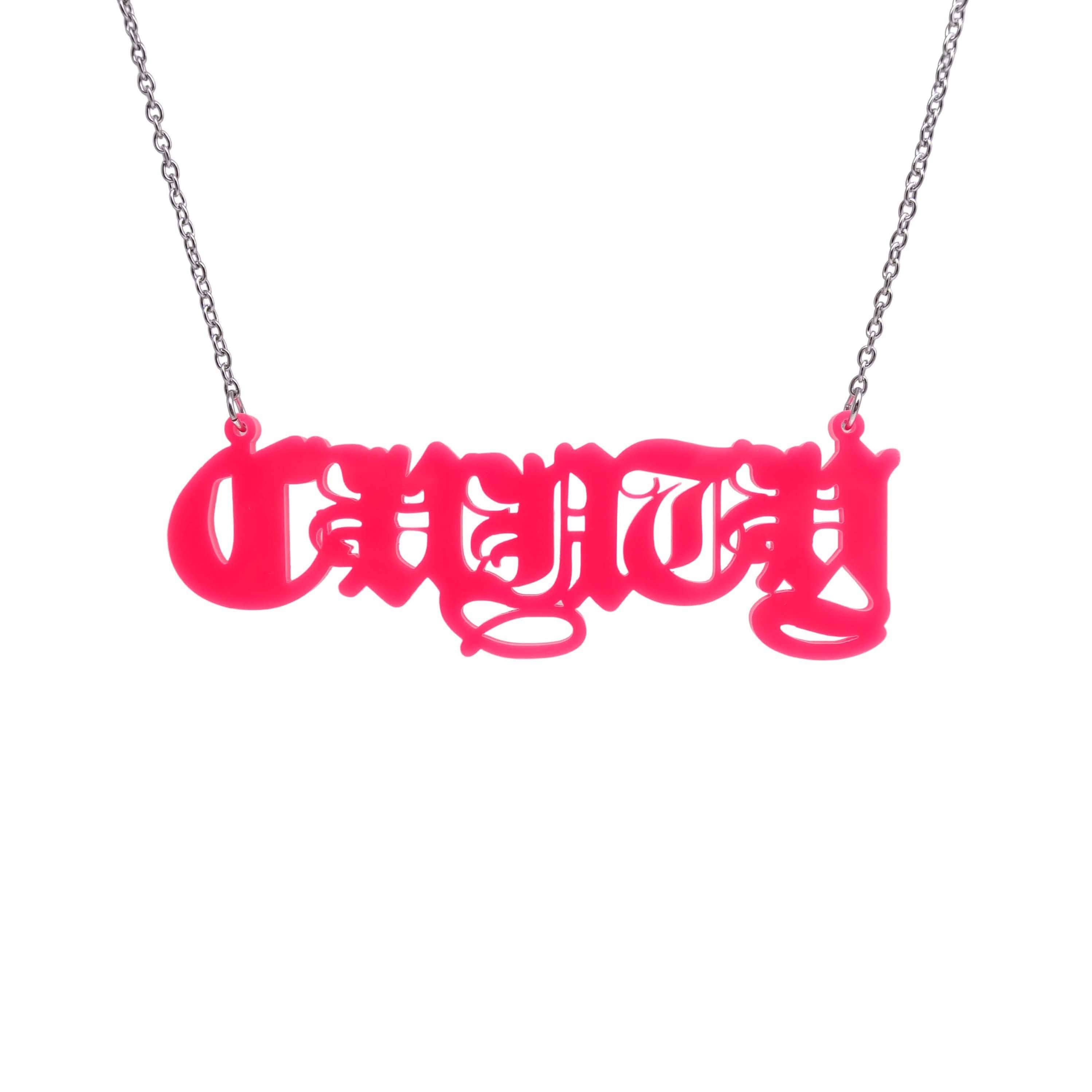 Big C*nty necklace in hot pink shown hanging on a stainless steel chain. 