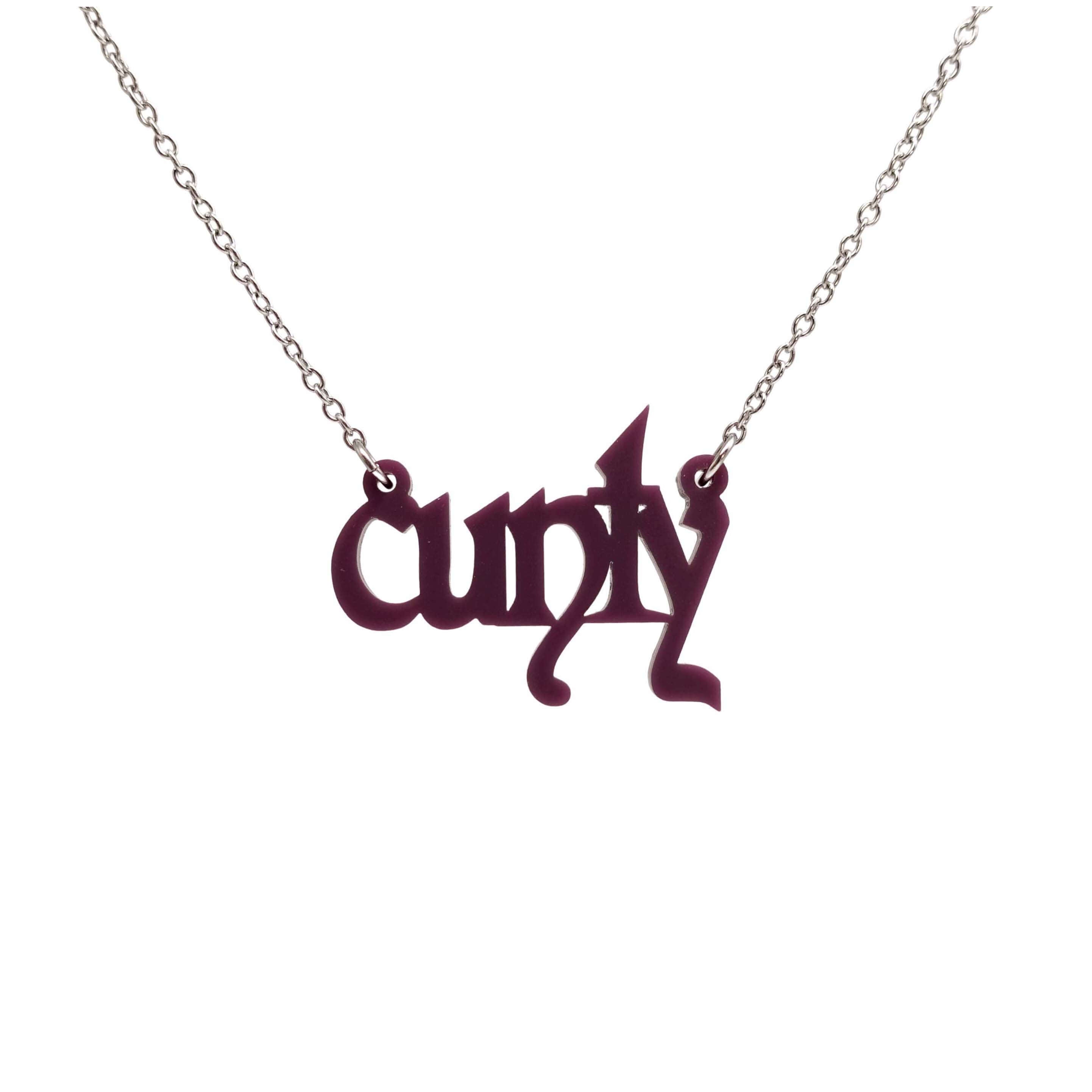 Little CUNTY necklace in matte cassis shown hanging on a stainless steel chain. 