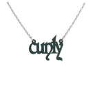 Little CUNTY necklace in matte moss shown hanging on a stainless steel chain. 