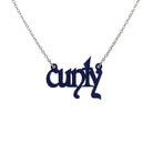 Little CUNTY necklace in matte navy shown hanging on a stainless steel chain. 