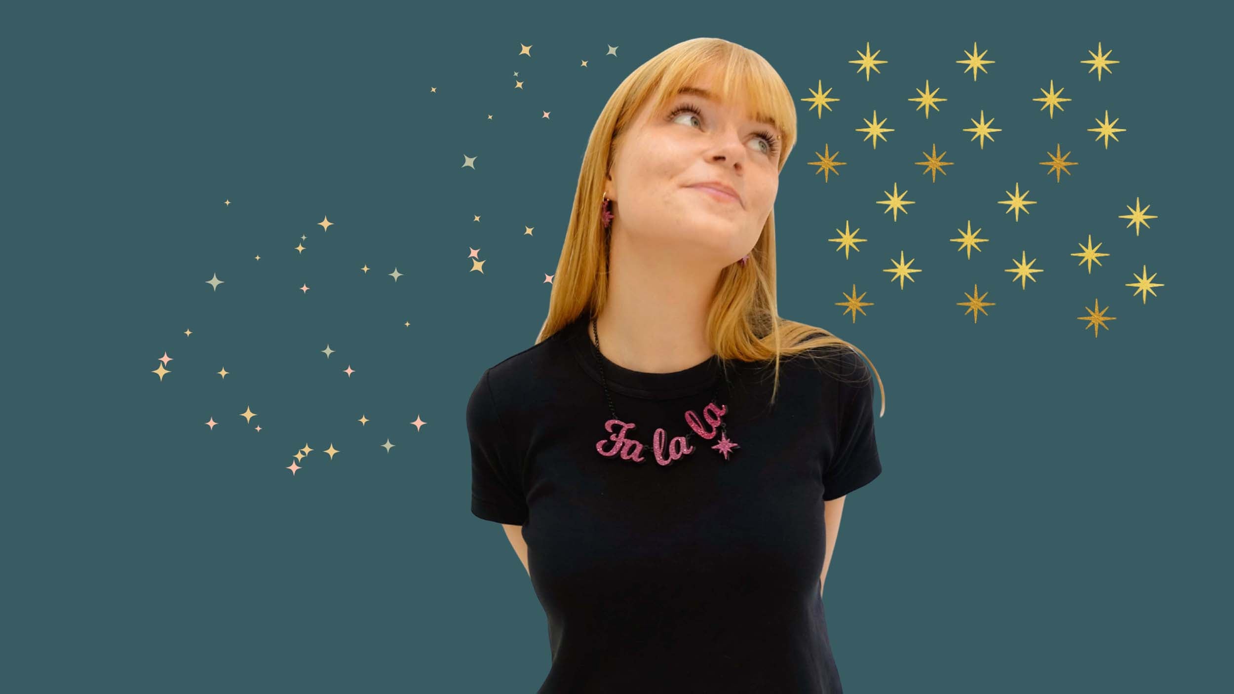 Eliza wears a FA LA LA necklace surrounded by stars