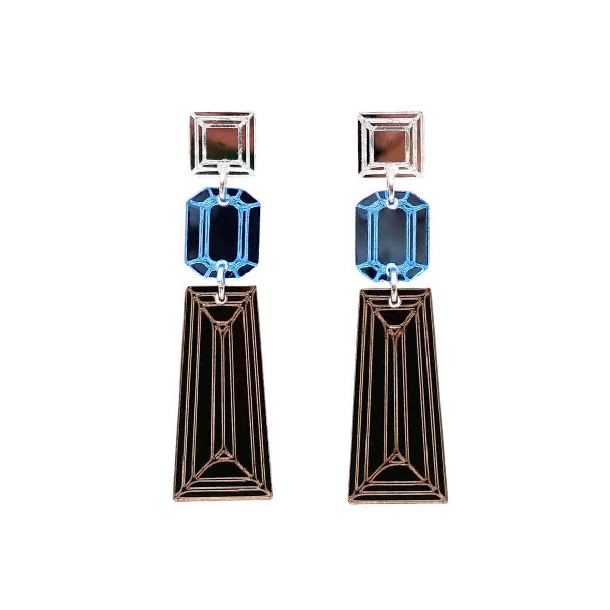 Long Deco drop earrings in bronze, sky and silver mirror, shown hanging against a white background. 