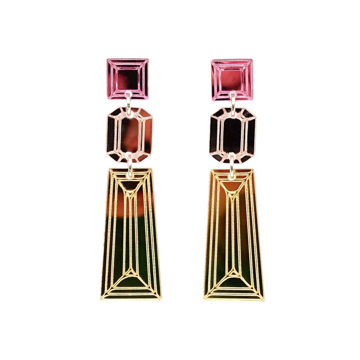 Long Deco drop earrings in gold, rose gold and pink mirror, shown hanging against a white background. 