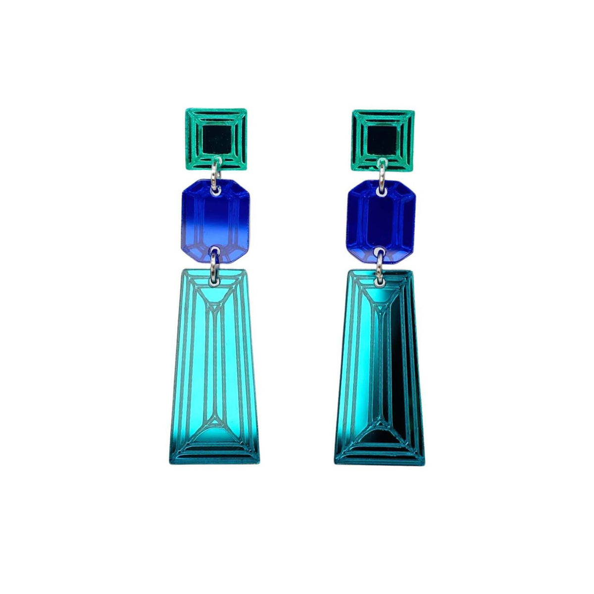 Long Deco drop earrings in teal, electric blue and electric green, shown hanging against a white background. 