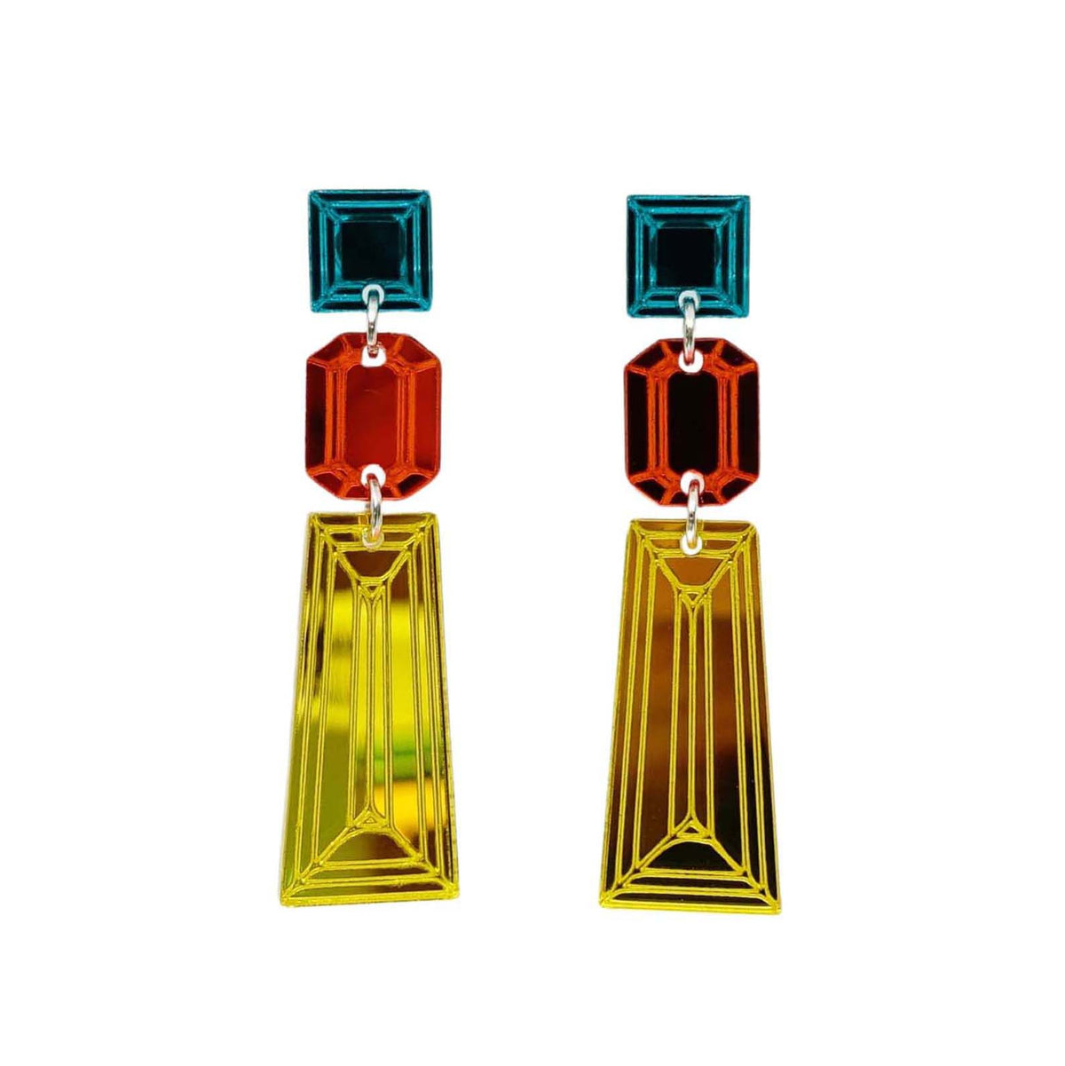 Long Deco drop earrings in yellow, flame and teal, shown hanging against a white background. 