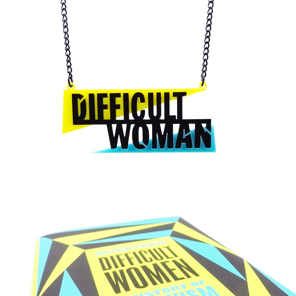 Difficult Woman necklace designed by Sarah Day to celebrate the publication of Helen Lewis's book, Difficult Women. 