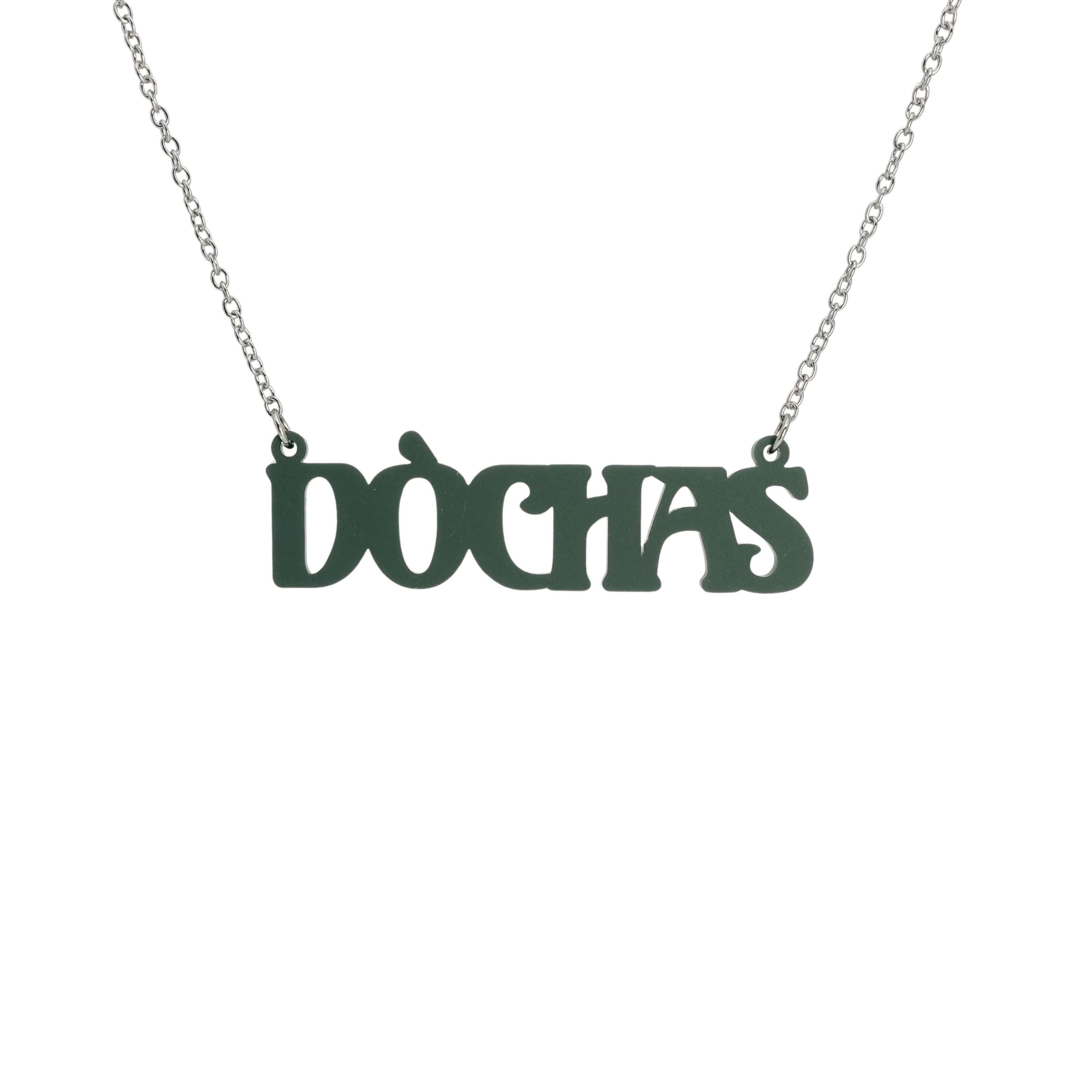 DÒCHAS Irish Gaelige hope necklace in matte moss, shown hanging on a stainless steel chain. 